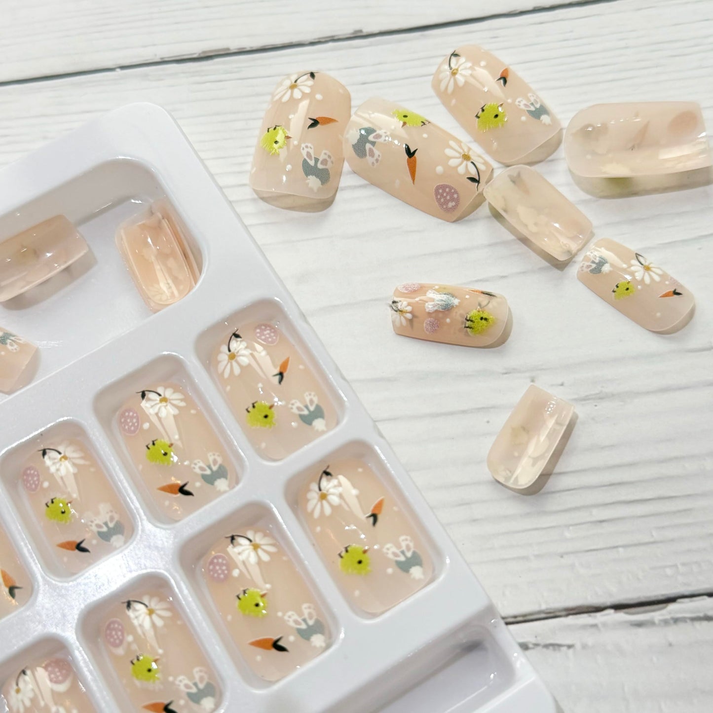 Press on Nails Easter Fake Nails with Flower Chick Carrot Easter Egg Designs Acrylic Nails Stick on Nails Full Cover Cute Glossy Party Glue on Nails for Women Girls Easter Manicure Kit