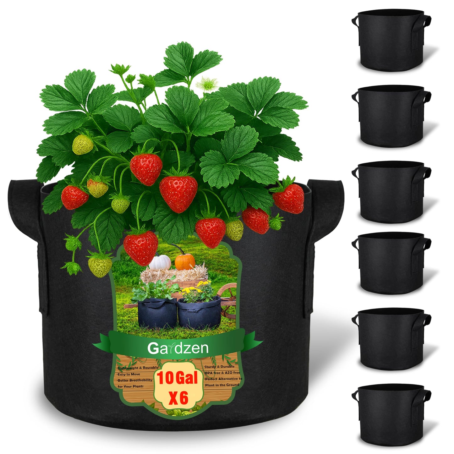 Gardzen 10 Gallon Grow Bags with Waterproof Liner, 500G Thick Nonwoven Fabric Pots, Cuts Watering by 50% in Hot Dry Climates, for Patio Balcony Use (6-Pack)