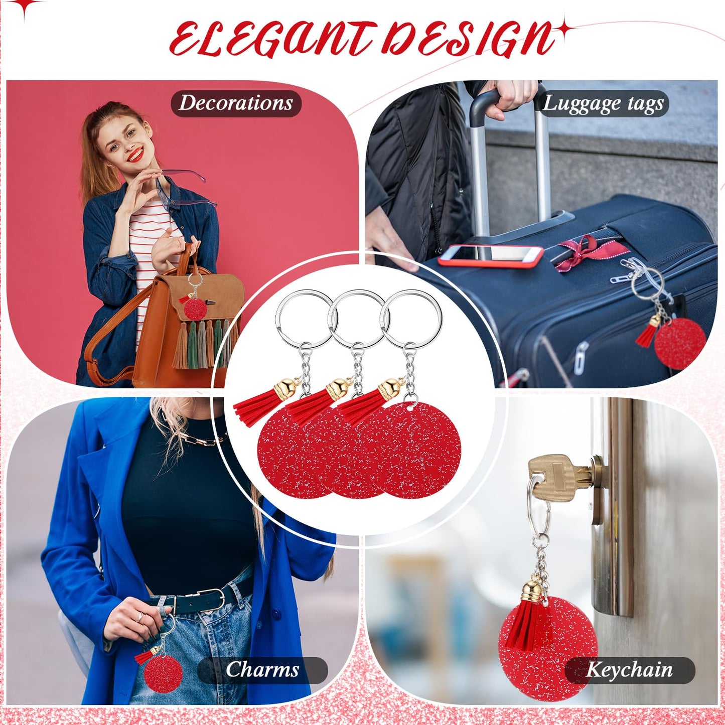 Sureio 20 Set Acrylic Keychain Blank with Key Rings 20 Pcs 1.97'' Glitter Acrylic Blanks 20 Pcs Keychain Tassels for DIY (Red,Glittery)