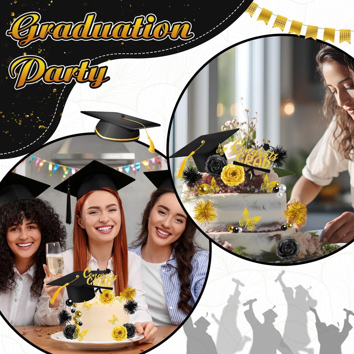 39 Pcs Graduation Cake Kit Includes Felt Graduation Cap Topper with Tassel Firework, 3D Butterfly Decor Beads, Flowers Diploma Cake Decorations, Cake Topper for 2026 Graduate Party (Black Gold).