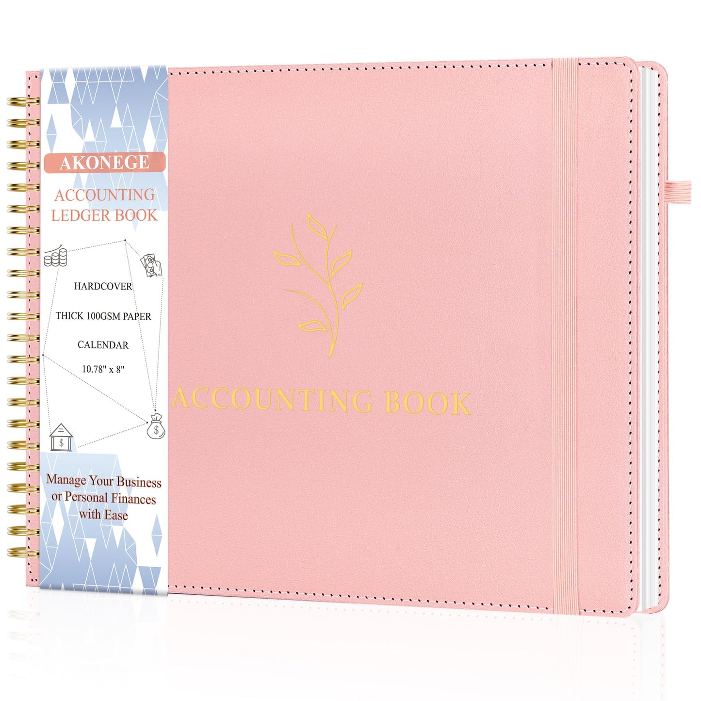 AKONEGE Accounting Ledger Book for Personal & Small Business Bookkeeping, Horizontal Income and Expense Tracker Notebook with Calendar, Hardcover Columnar Log Journal 10.78'' x 8'', Dusty Pink