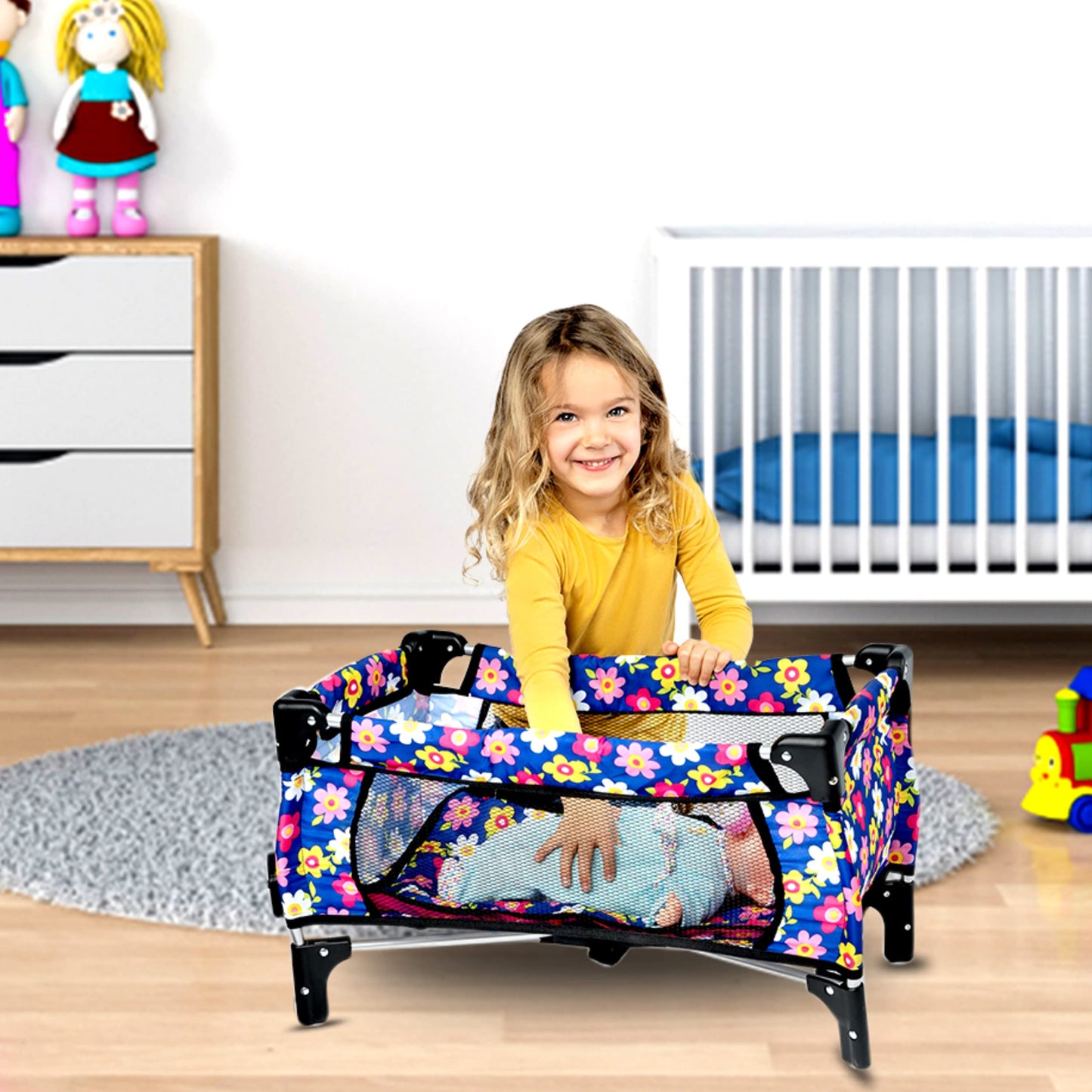 Baby Doll Crib Set, Toy Pack n Play Bassinet Blanket & Carry Bag for Baby Doll Playpen Fits up to 20" Doll | Allows for Easy Compact Folding for Storage Toy,