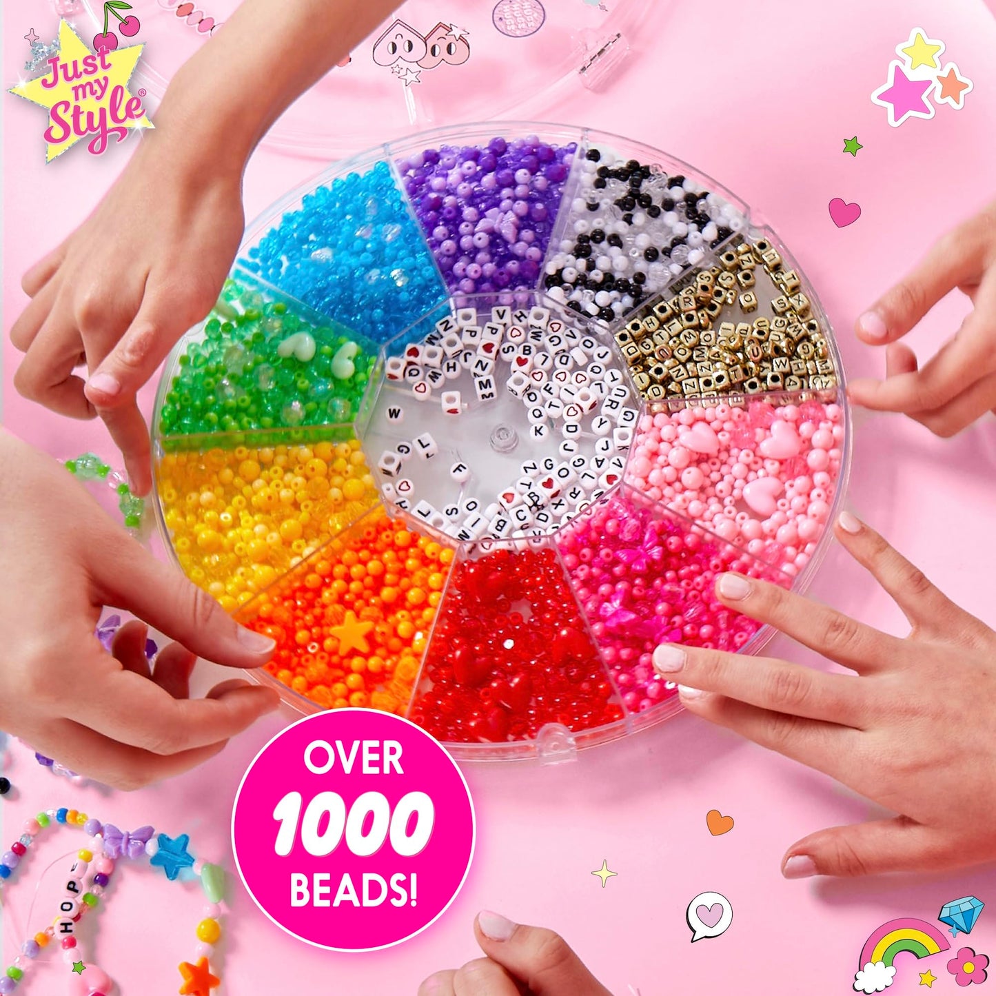 Just My Style Rainbow Bead Spinner, DIY Bracelet Making Kit with Swiveling Bead Case, Includes Over 1,000 Beads for Bracelet Making, Elastic, and More