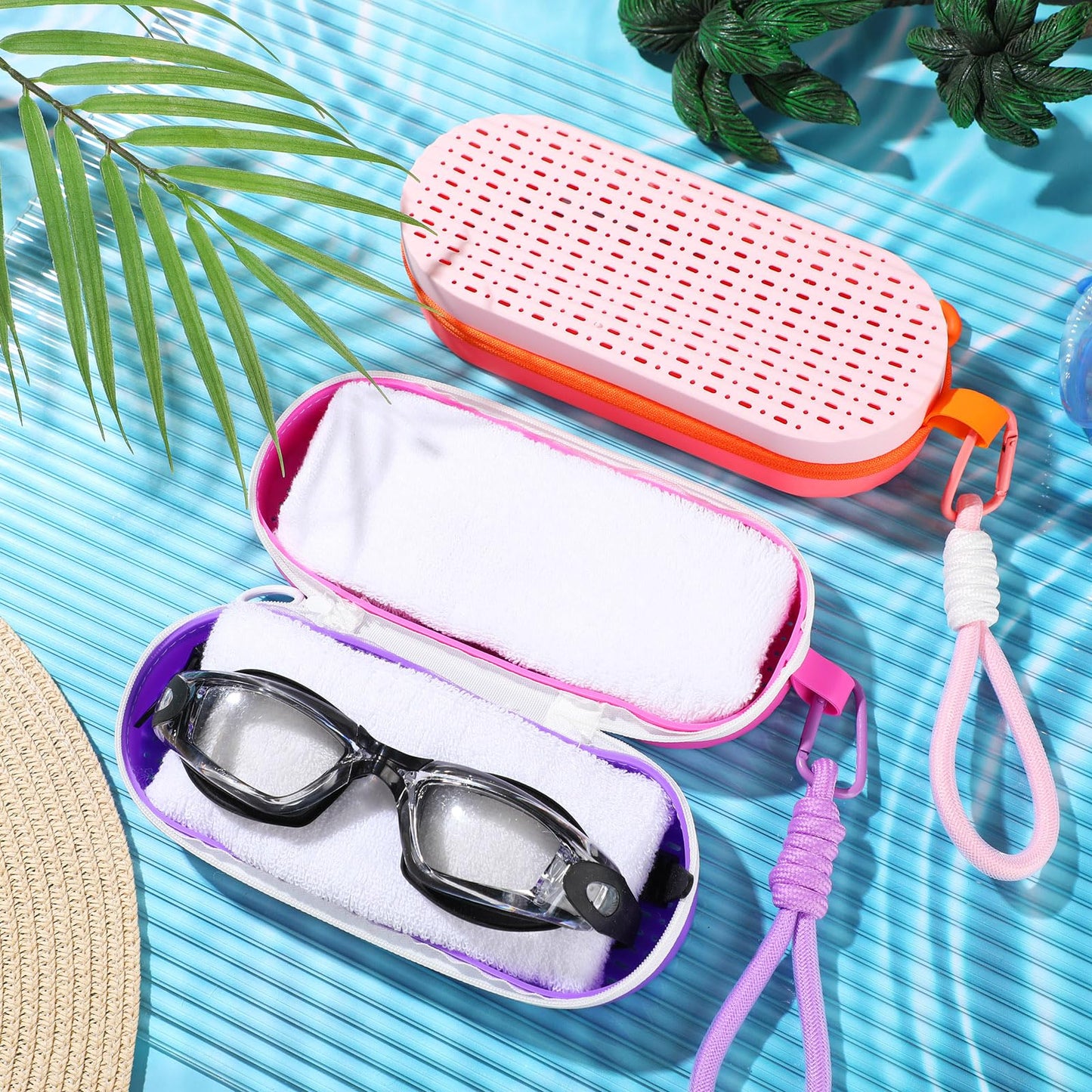 Blueweenly 2 Pcs Swim Goggle Case for Swimming with Hole Zipper Clip Silicone Cases for Goggle Gift(Pink and light purple, rose red and purple)