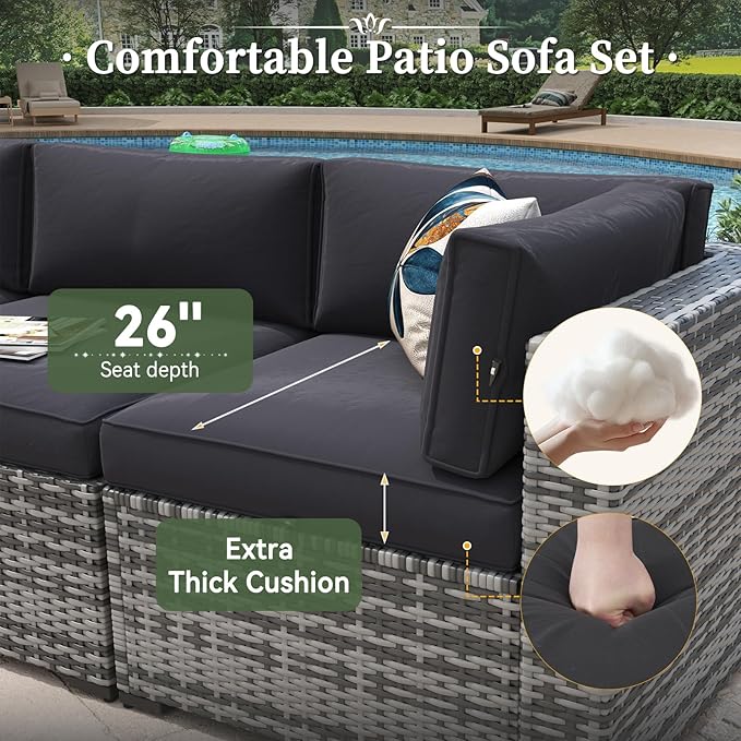 Aoxun 11 Piece Patio Furniture Set with 44” Fire Pit Table Wicker Rattan Outdoor Sectional Sofa Set with Coffee Table and Thickened Cushions, Grey/Black (Waterproof Cover Included)