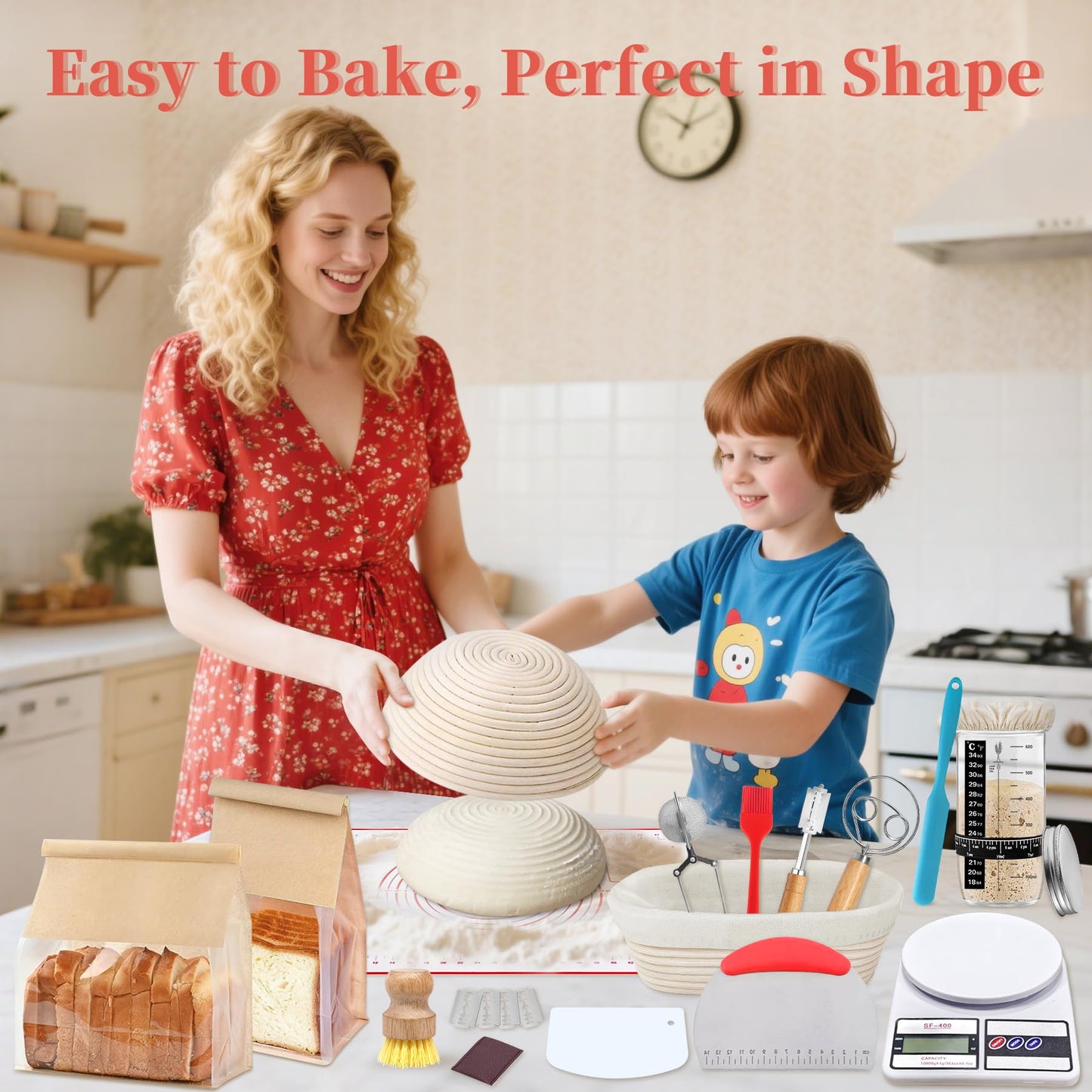 Aliggbent 38Pcs Sourdough Bread Baking Supplies, 10'' Round & Oval Banneton Bread Proofing Baskets with 24 oz Sourdough Starter Jar Kit, Digital Scale, Bags & Bread Making Tools Kit for Artisan Baking