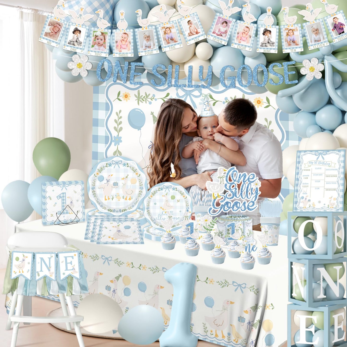One Silly Goose Birthday Decor Boy, 270Pcs Blue Silly Goose First Birthday Decorations Kit include One Silly Goose Banner,Backdrop,Balloon Arch,Boxes,High Chair Banner,Bow Cupcake Toppers,Tableware