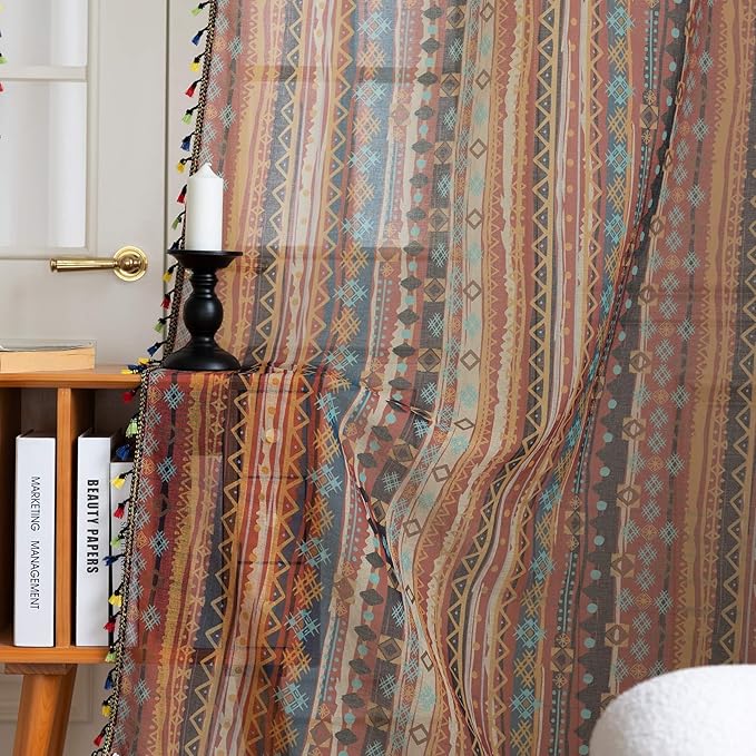 Red Geometric Sheer Curtains 72 inch Long, Fringed Edges and Textured Semi Sheer Curtains Large Window Treatments for Living Room/Bedroom, 2 Panels