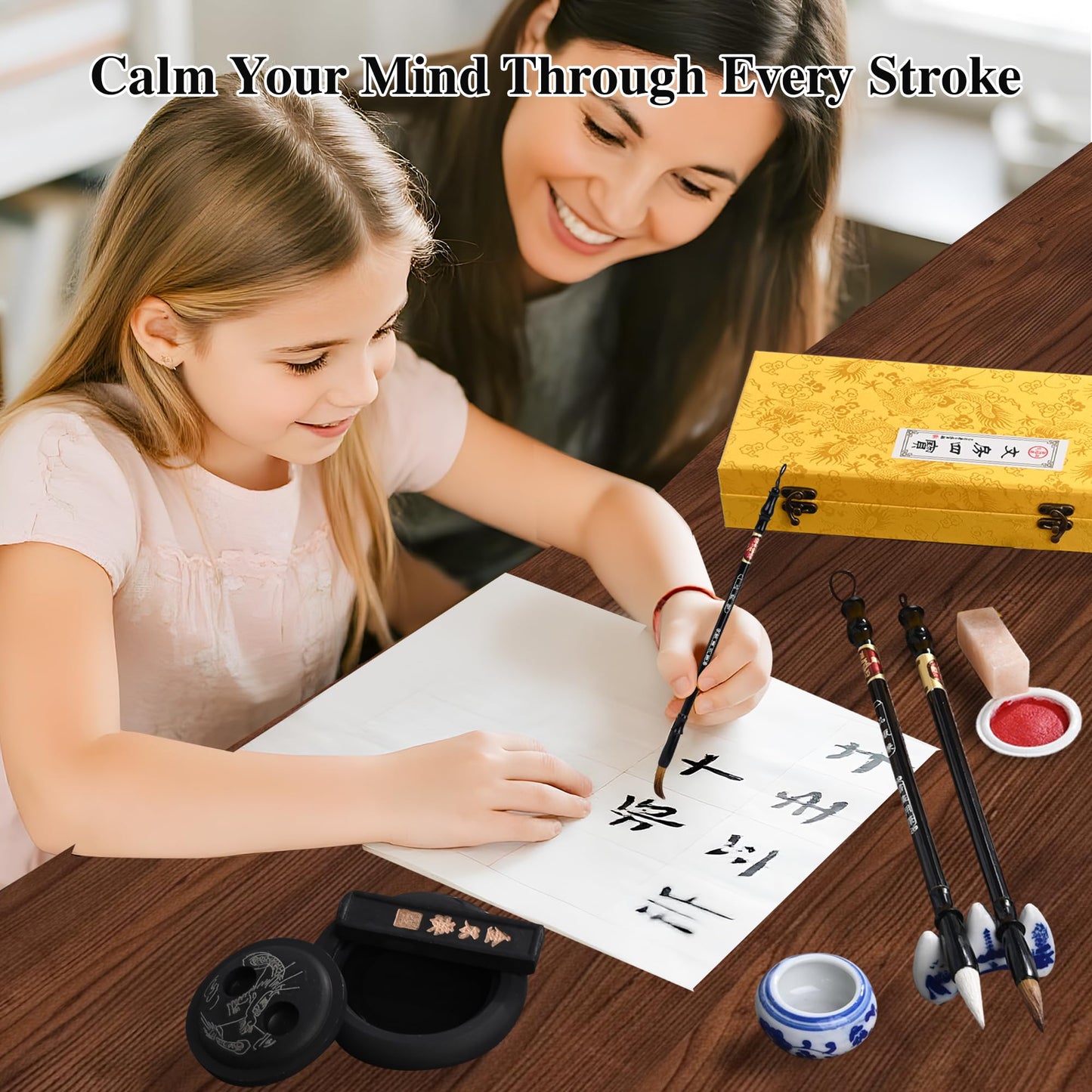 I-MART Chinese Calligraphy Set for Beginners with 4 Brushes, Ink Stone, Ink Stick, Red Ink Paste, Seal, Porcelain Water Bowl, Brush Holder, Calligraphy Kits for Beginners and Sumi Painting