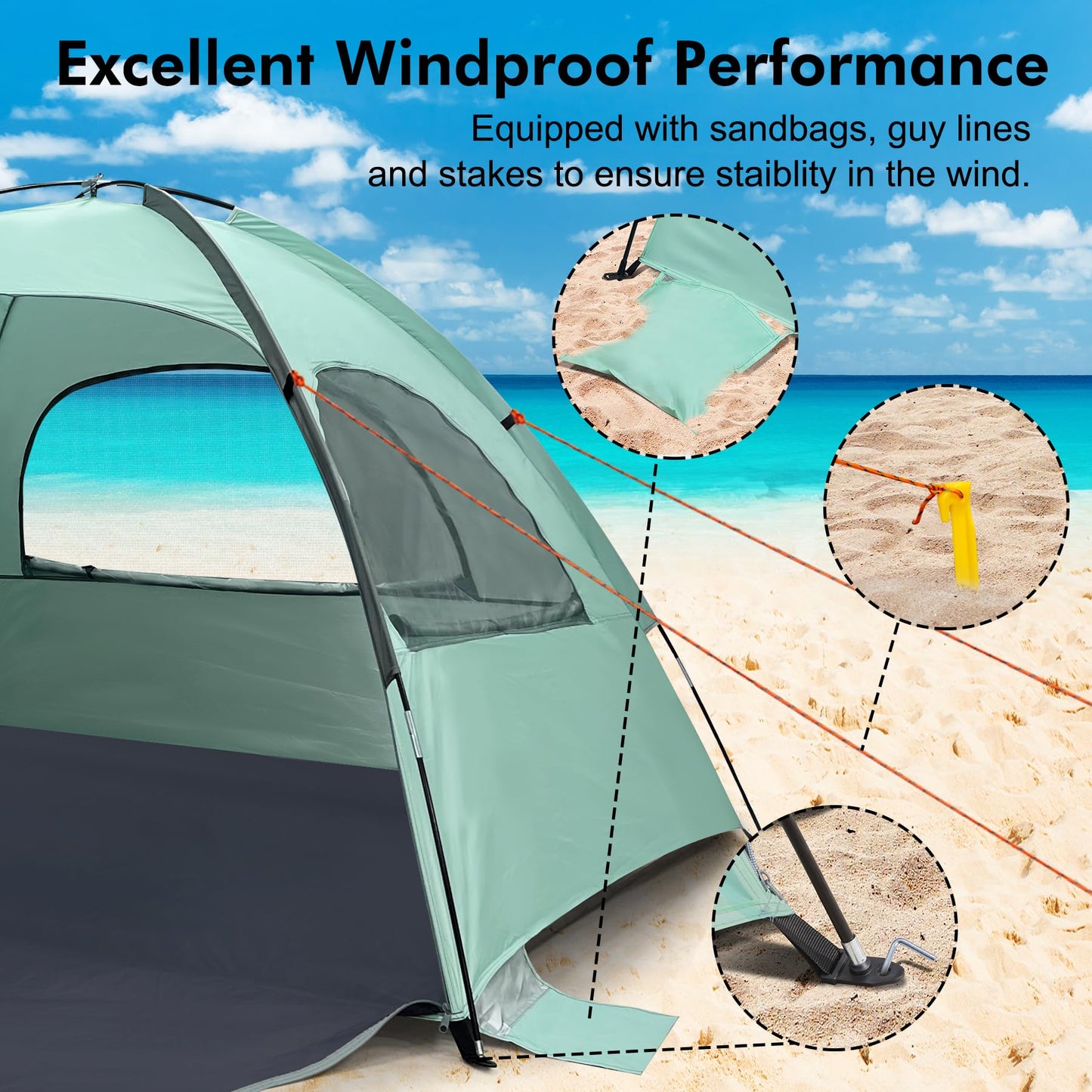 WhiteFang Beach Tent Anti-UV Portable Sun Shade Shelter for 3 Person, Extendable Floor with 3 Ventilating Mesh Windows Plus Carrying Bag, Stakes and Guy Lines (Mint Green)
