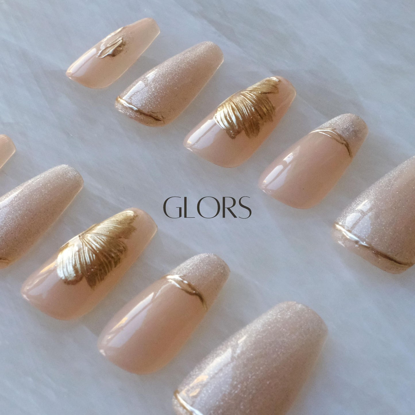 GLORS Press On Nails, Long Ballerina Style, Nude Pink with Gold Accents, 10 Pieces (Small,LB)
