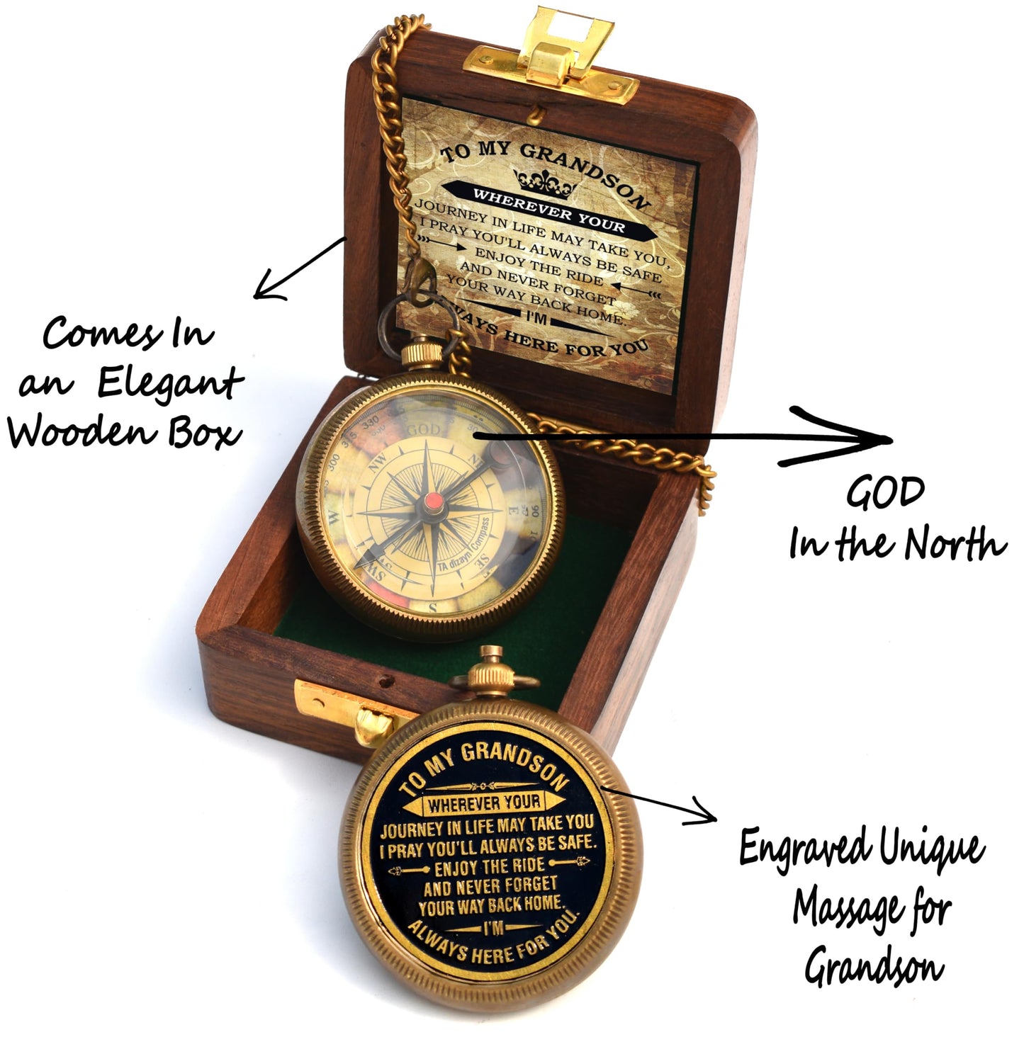 Gift for Grandson Brass Compass with Box Engraved Quote | Memory Present to My Grandson Birthday, Baptism, Graduation, Confirmation, Love, Gift idea by Grandpa Grandma, Greeting Card