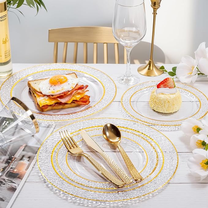 Nervure 102PCS Gold Plastic Plates - Disposable Clear Gold Party Plates Include 51PCS 10.25inch Dinner Plate & 51PCS 7.5inch Dessert Plate Perfect for Wedding & Party & Christmas (Pack of 2)