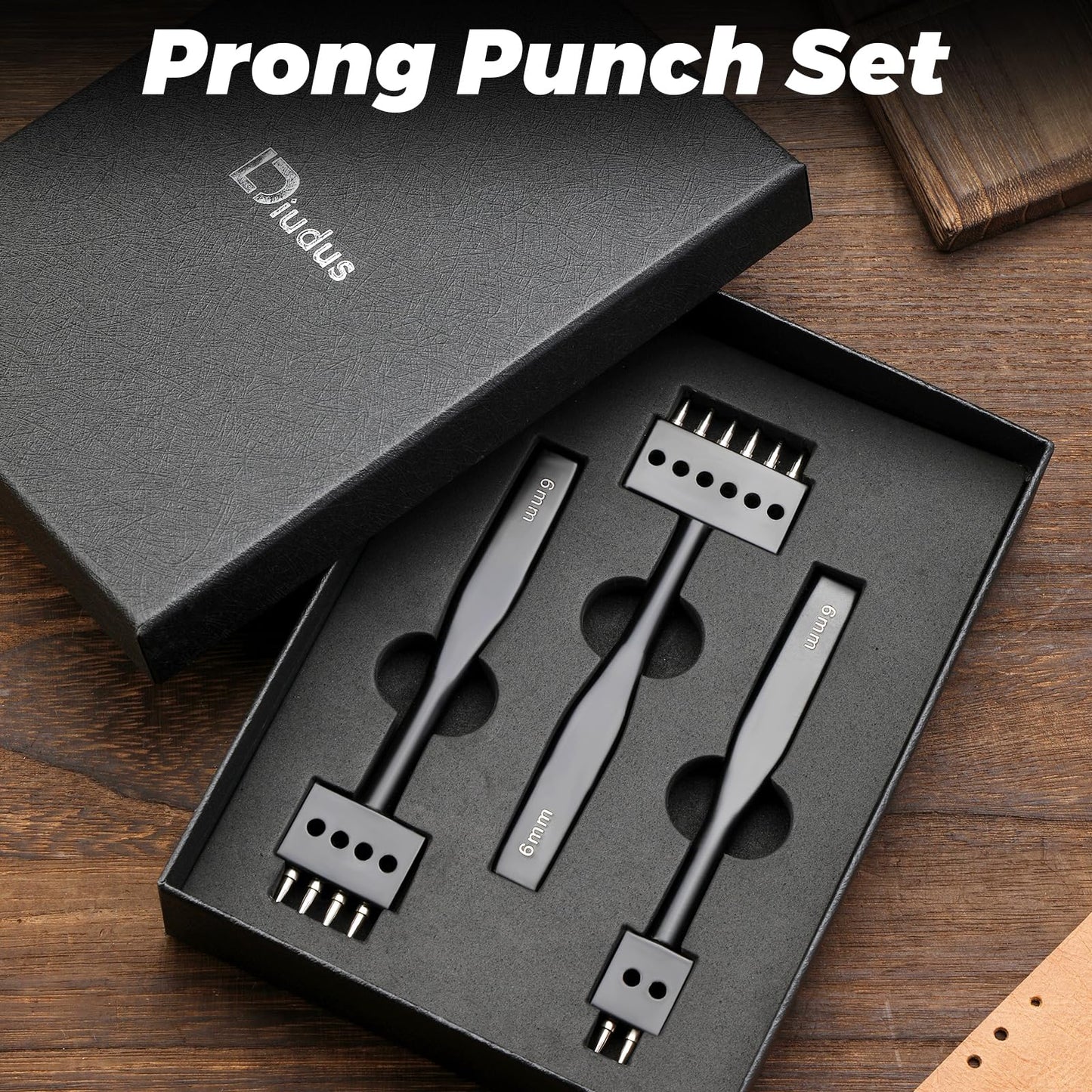 DIUDUS Leather Hole Punch, Prong Punch Tool 6mm 2/4/6 Lacing Stitching Punch, Round Hole Prong Stitching Chisel Set Leatherworking Tools for Leathercraft
