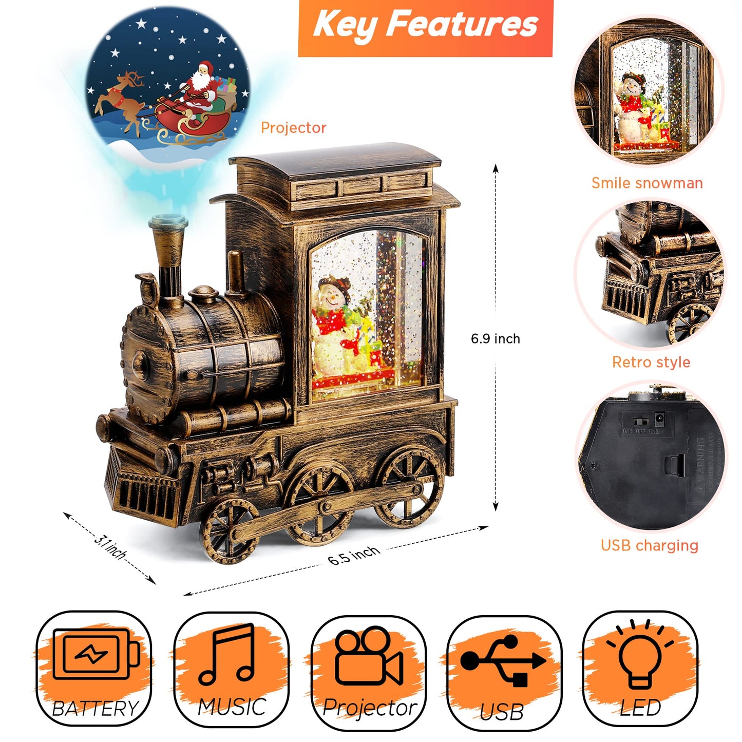 IPOW Christmas Snow Globe Lantern Train with Santa Sleigh Projection, Water Swirling Glitter Musical and Lighted USB Powered & Battery Operated Music Box for Christmas Home Decoration Gift