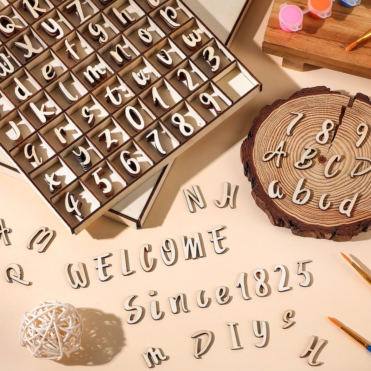 Geelin 248 Pcs 1 Inch Wood Alphabet Letters Numbers with Storage Box Blank Unfinished Wooden Letters Numbers with Rustic Storage Tray for Spelling Learning Education DIY Crafts