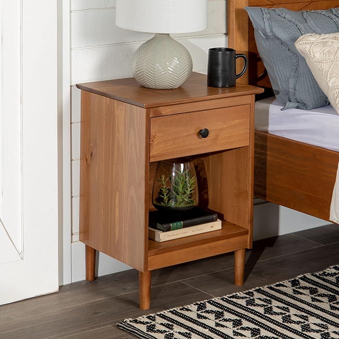 Walker Edison Russ Mid Century Modern 1-Drawer Solid Wood Nightstand Set, 2 Pack, Caramel
