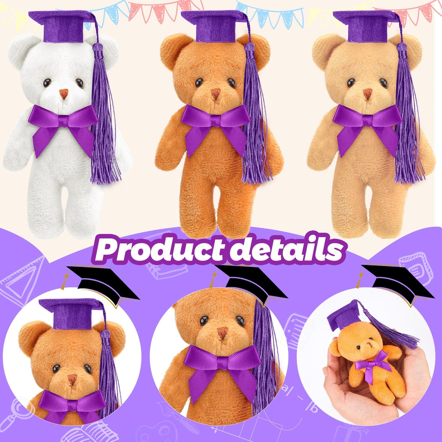 Sotiff 24 Pcs Mini Graduation Bear Plush Gift Stuffed Animal with Cap Gift for Her, for Him, Class of 2026 Graduation Present for College High School for DIY Keychain Xmas Decorations(Purple Cap)