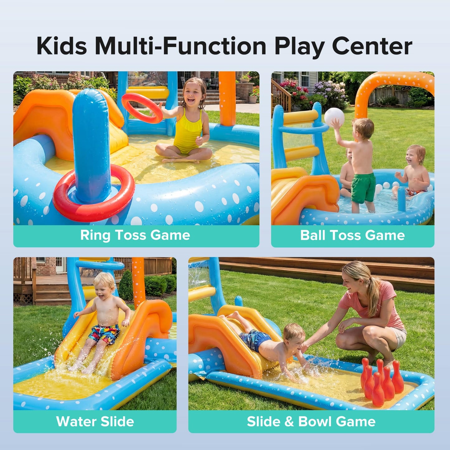 Inflatable Kiddie Pool with Dual Slides, Kids Splash Pool Play Center with Water Slide & Slip Slide, Outdoor Backyard Water Toy for Toddlers