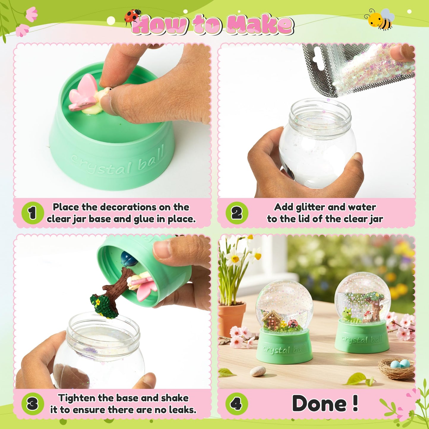 HoniedPepperino Spring Snow Globes Craft Kit - 8 Set DIY Plastic Snow Globe Craft with Mini Resin Butterfly Bee, Make Your Own Party Favor Decor with Glitter for Classroom Activity Gift (Insect)