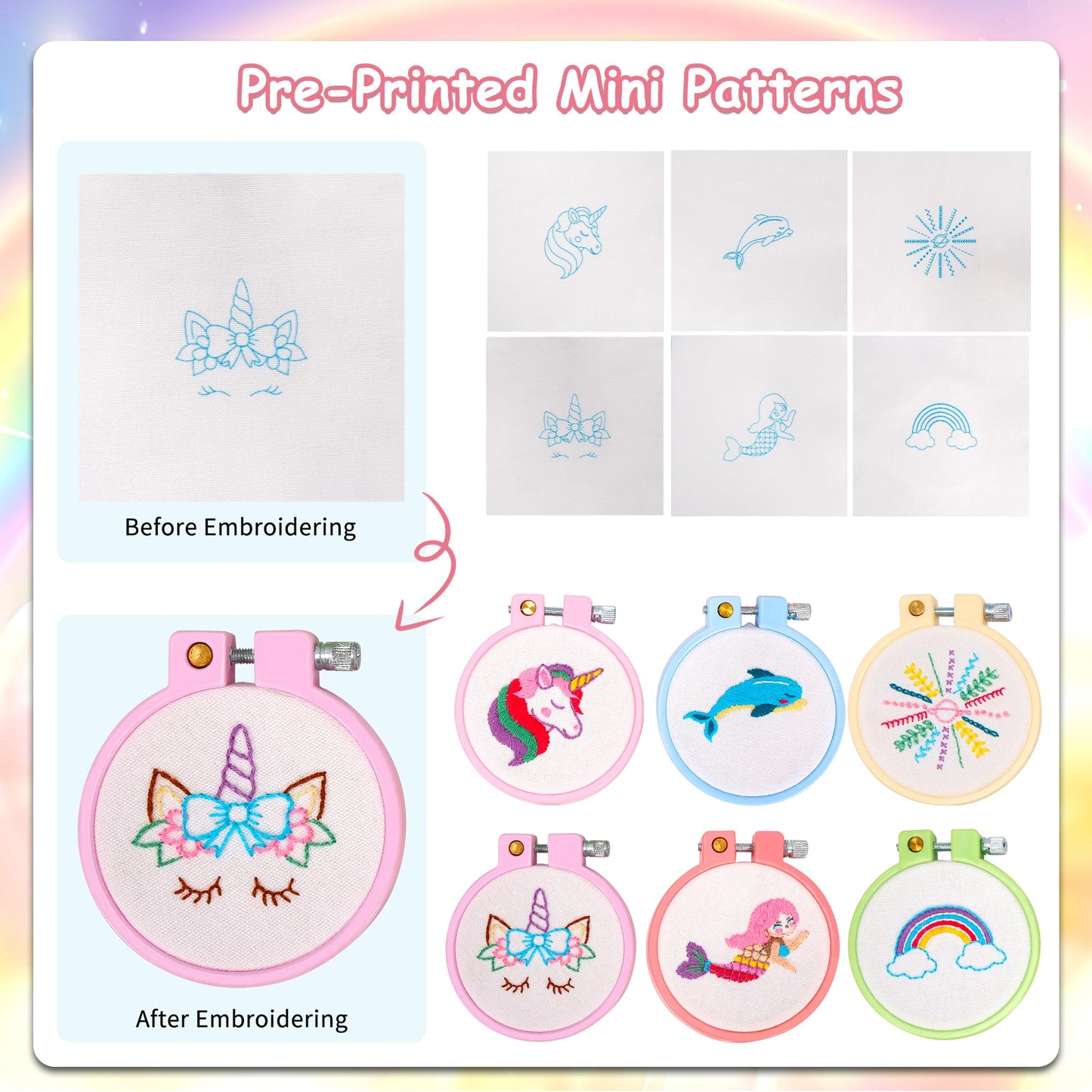 Pllieay 6PCS Embroidery Kit for Kids, Needlepoint Kits for Beginners with Pre-Printed Pattern, 6Pcs Hoop, Threads, Keychains and Instructions, Kids Cross Stitch Kits Supplies for Crafting