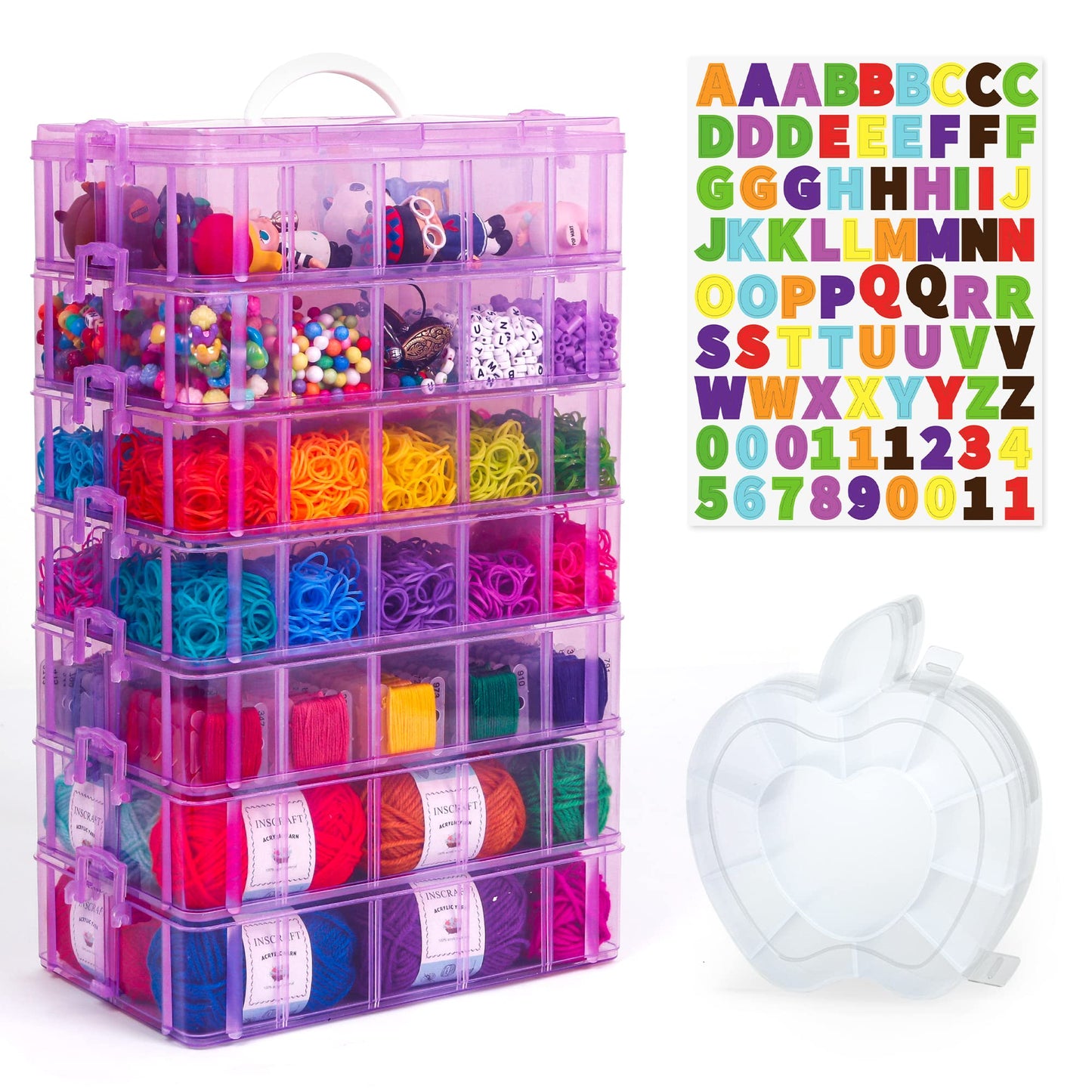 7 Layers Stackable Storage Container, 70 Adjustable Compartments (Purple) Stackable Storage Container, Perfect for Kids Toys, Art Crafts, Jewelry, Supplies, Mini Case & Letter Sticker Included