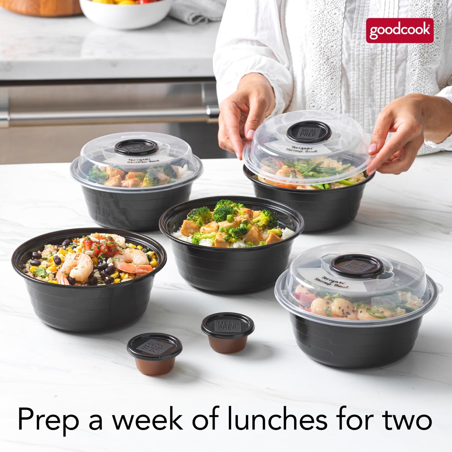 GoodCook 4-Cup Meal Prep Bowls Set with Lids and Dressing Cup, Microwavable Food Storage Containers for Meal Prepping, Set of 10, Black