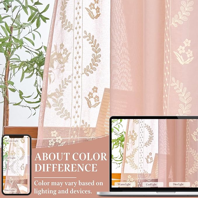 jinchan Belrose Winslow Pink Sheer Curtains 84 Inch for Bedroom Living Room Embroidered Bordered Floral Nursery Curtains for Girls Room Dorm Light Filtering Window Treatments, 2 Panels, W50 x L84