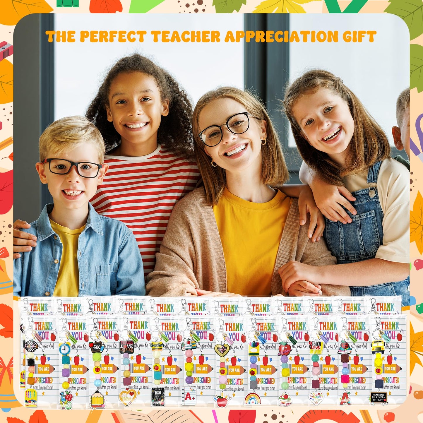 Gaiaring 72 Pcs Large Teachers Appreciation Gifts Set Teacher Appreciation Keychains Apple Beaded Lanyard Keychain with Cards