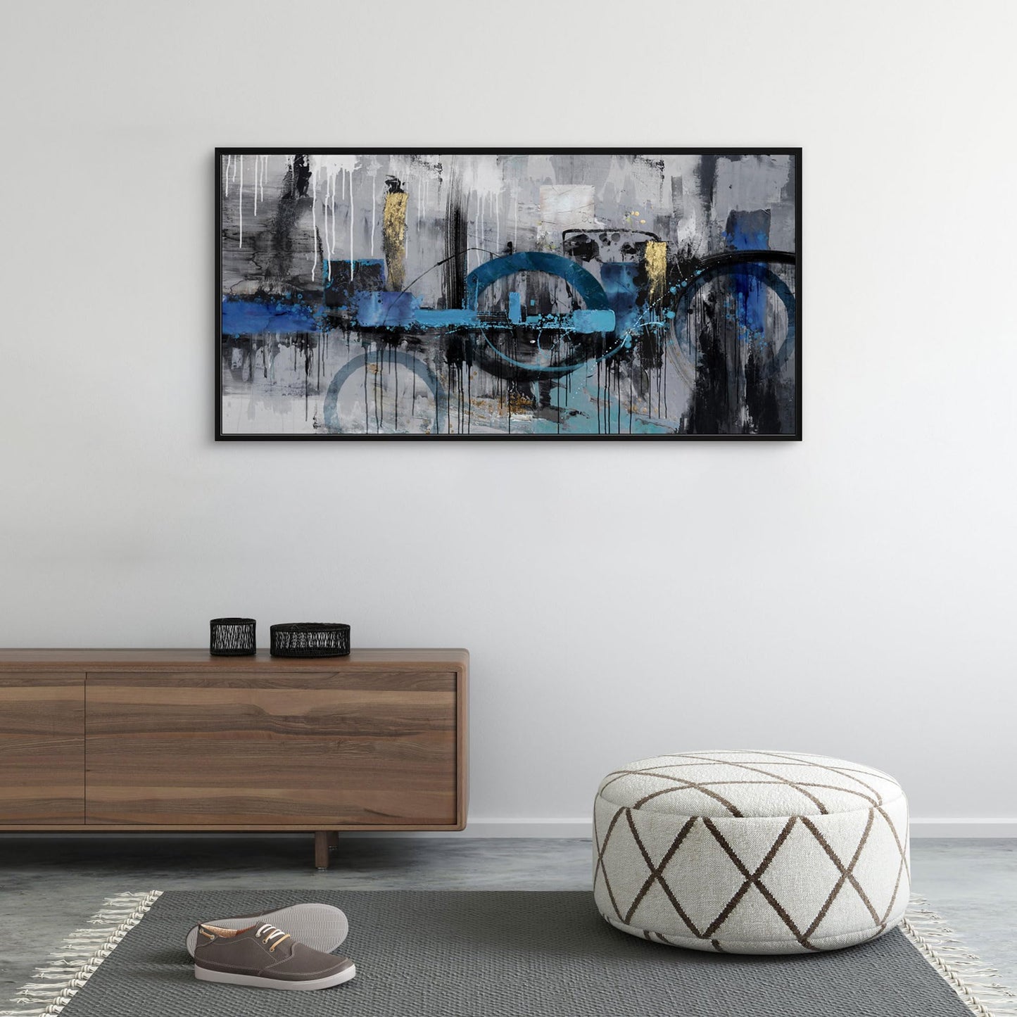 KLAKLA Abstract Wall Art - Blue and Gray Pictures Canvas Artwork for Living Room Bedroom Horizontal Black Framed Above Bed Wall Decor - 20x40