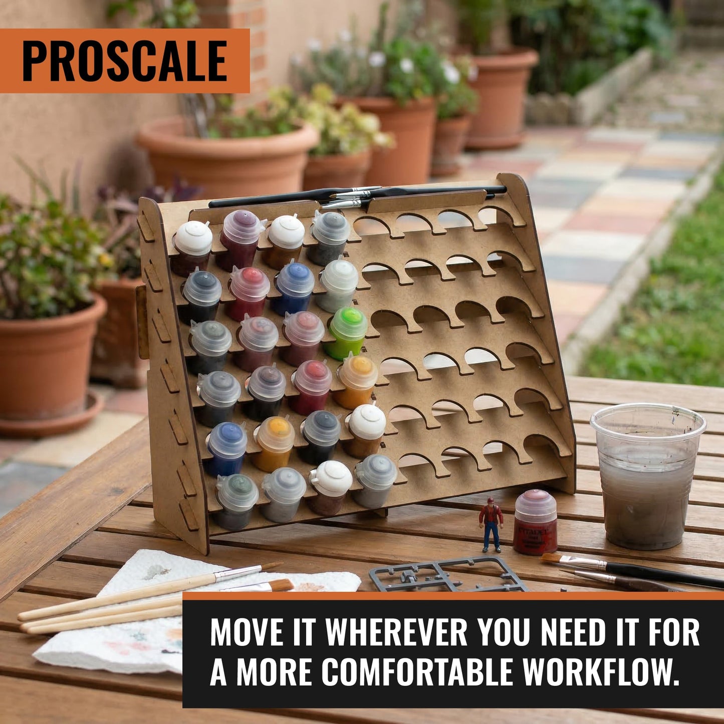 PROSCALE Wall Paint Rack Organizer for Miniatures & Modeling, Vertical Paint Stand with 33mm Pot Holes + Top Brush/Tool Holder, Compatible with Citadel (33mm)