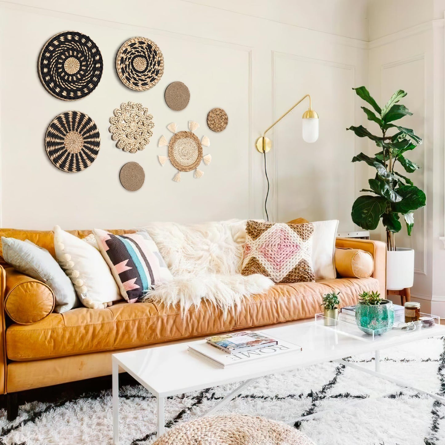 LOMOHOO Set of 9 Boho Wall Basket Decor Wicker Woven Wall Basket Decorations Bohemian Handcrafted Round Basket Hanging decor Bulrush Wall Art Decors for Living Room Rustic Home