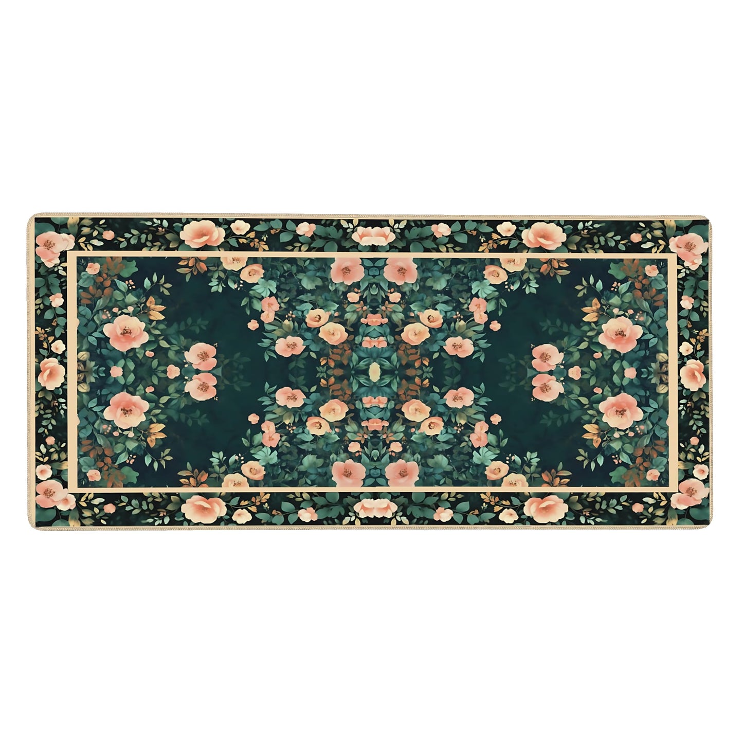 Floral Aesthetic Rose Gaming Mouse Pad, Forest Green Rug Desk Mat with Anti-Slip Base & Stitched Edges,35.4" x 15.7" in Table Mat for Computer Desktop, Beautiful Workstation Decor