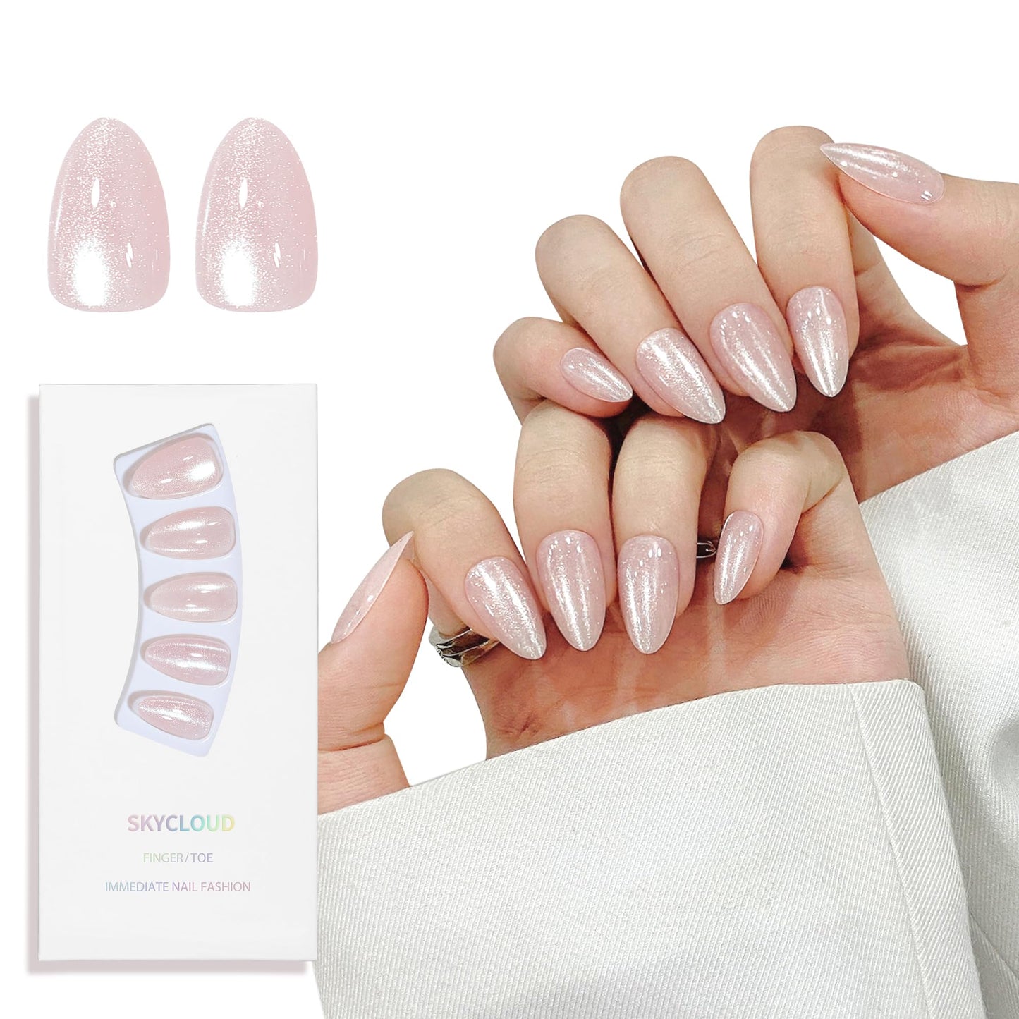 Almond Cat Eyes Press On Nails,12 Sizes - 24 Pcs Soft Gel White Medium Fake Nails Kit with Nail Glue, Natural Reusable Stick On False Nails for Women and Girls (Skycloud Moonlight) SK0764