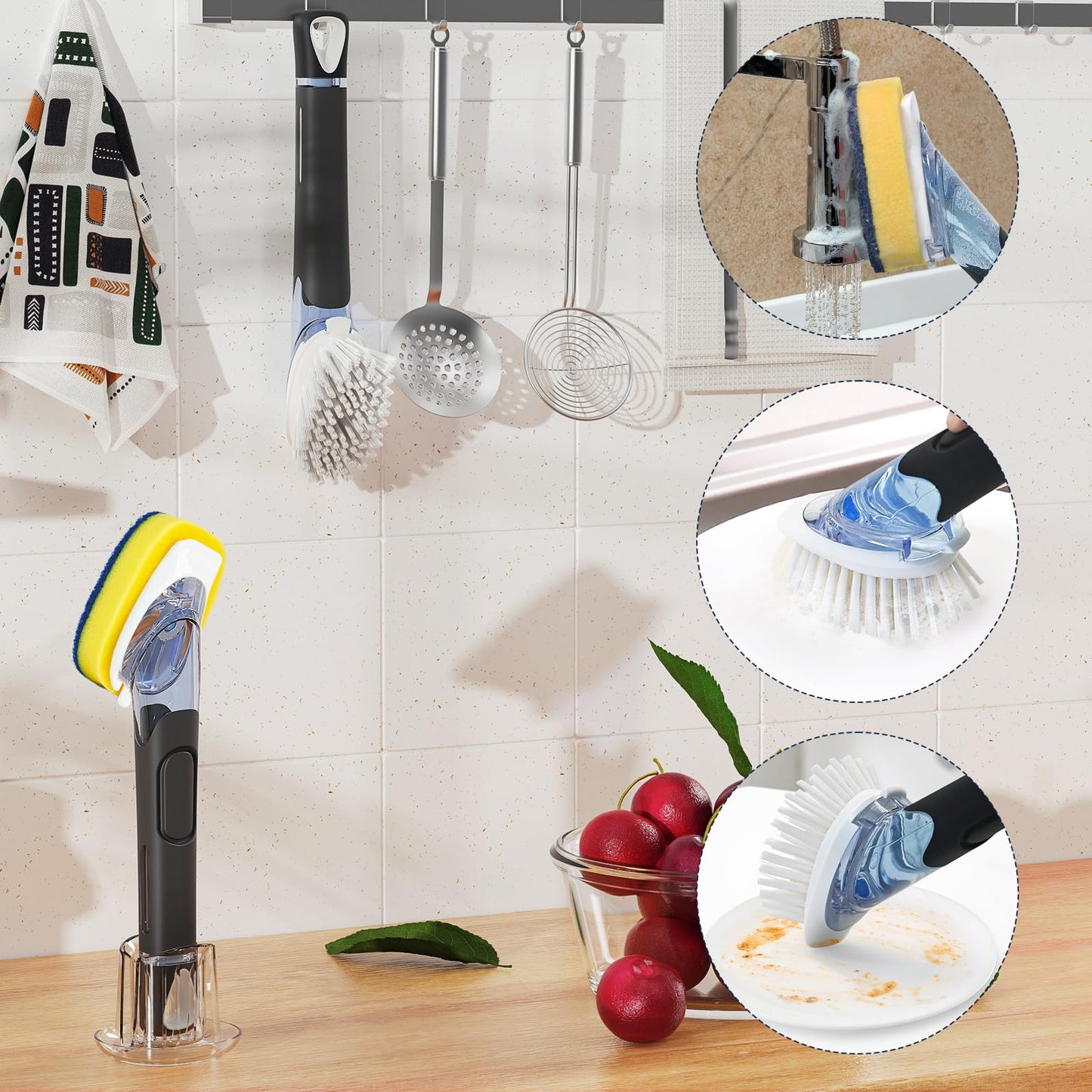 RIMAY Dish Brush with Soap Dispenser Storage Set with 2 PCS Brush Refills & Holder, Dish Scrubber with Soap Dispenser, Dish Soap Brush, Dish Wand with Soap Dispenser for Dishes, Pans, Sink, Pots