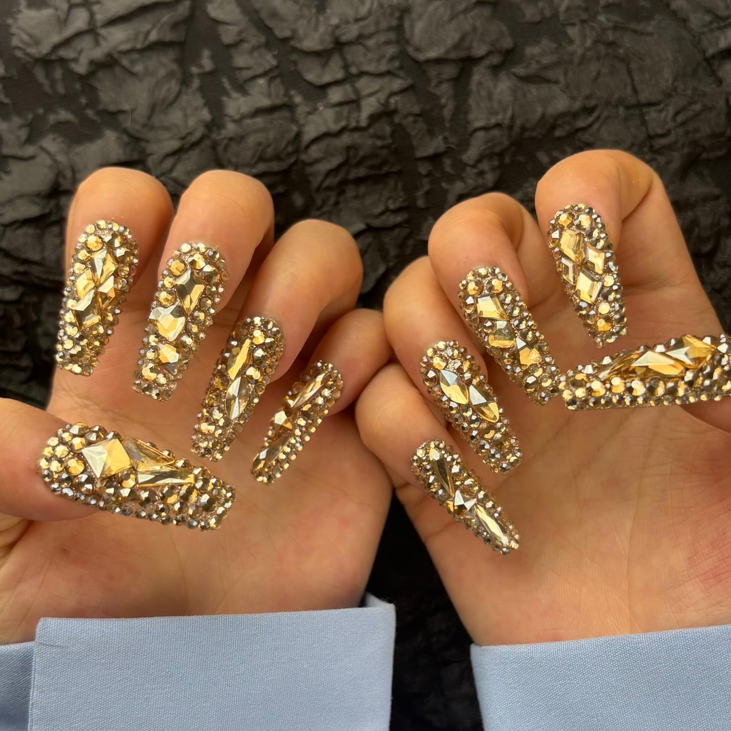 AKA Unicorn Trendy Handmade Press On Nails Long Square Shape,10Pcs Shimmery Large Acrylic Fake Nails with 3D Champagne Rhinestone Luxury Design Stick On Nail for Woman Gift