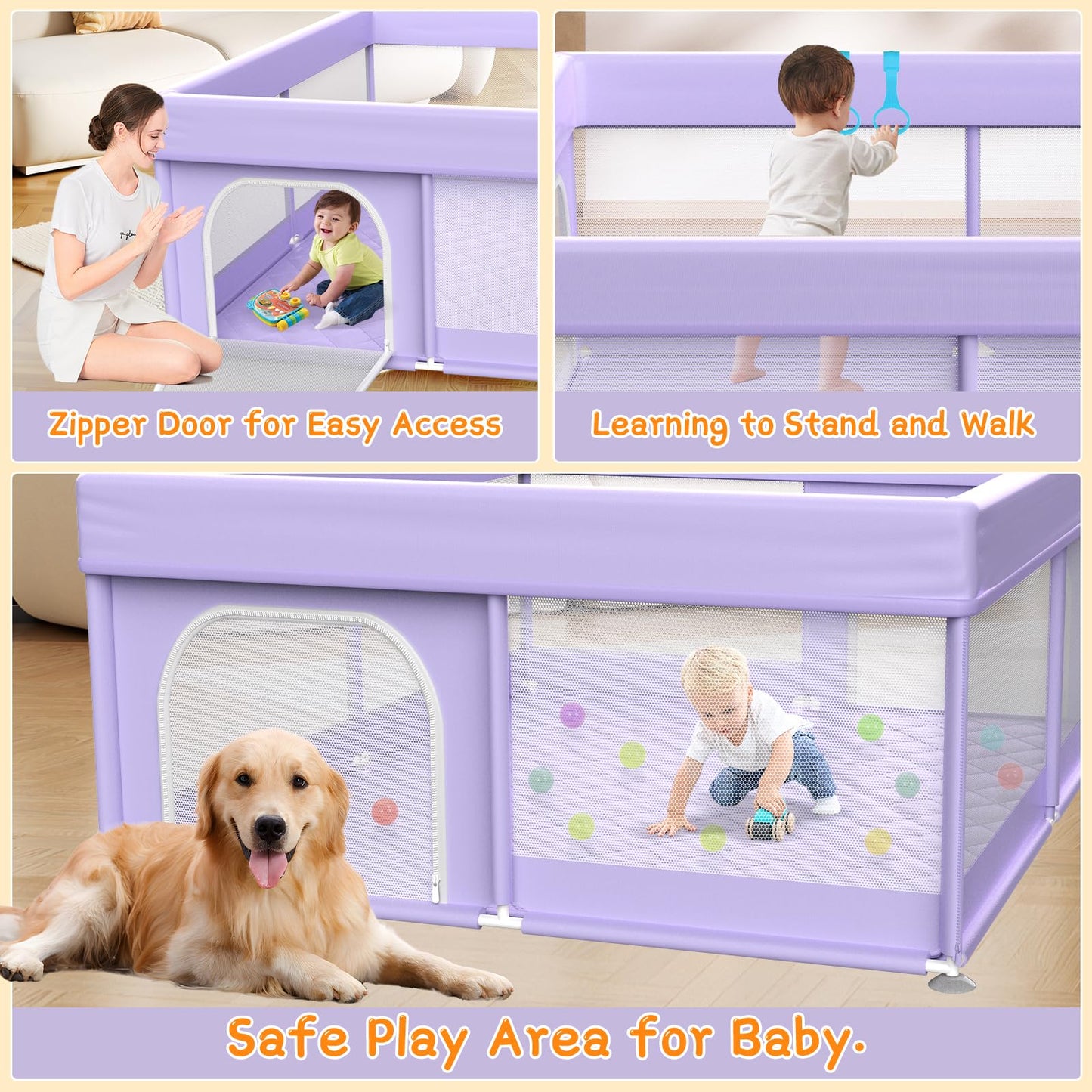 Baby Playpen with Mat 64"x64" - Playpen for Babies and Toddlers with Mat for Apartment - Play Yard with mat Included - Soft Breathable Mesh - All-Wrapped Sponge Play Pen with Handle & Bag (Purple)