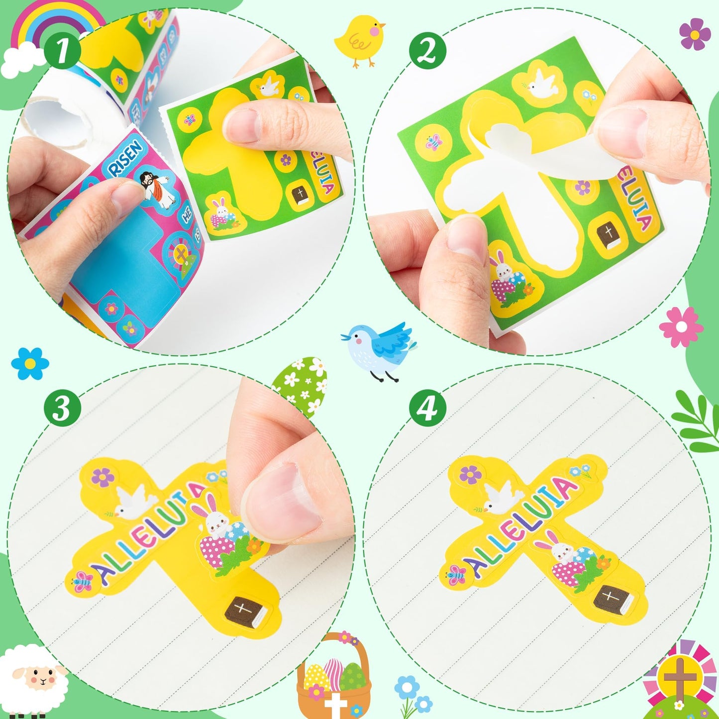 Haooryx Easter DIY Sticker Roll - 300Pcs Christain Religious Cross Shape Make A Face Stickers Self Adhesive Vinyl Waterproof Label Decal Water Bottle Laptop Skateboard Easter Egg Filler Party Supplies