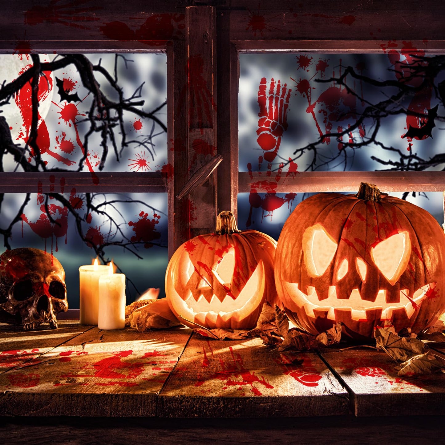 Outus 8 Pcs Halloween Decoration Signs and Halloween Handprint Footprint Window Stickers Set Including 2 8" x 12" Decorative Signboard 6 10" x 14" Sticker for Window Wall Floor Glass