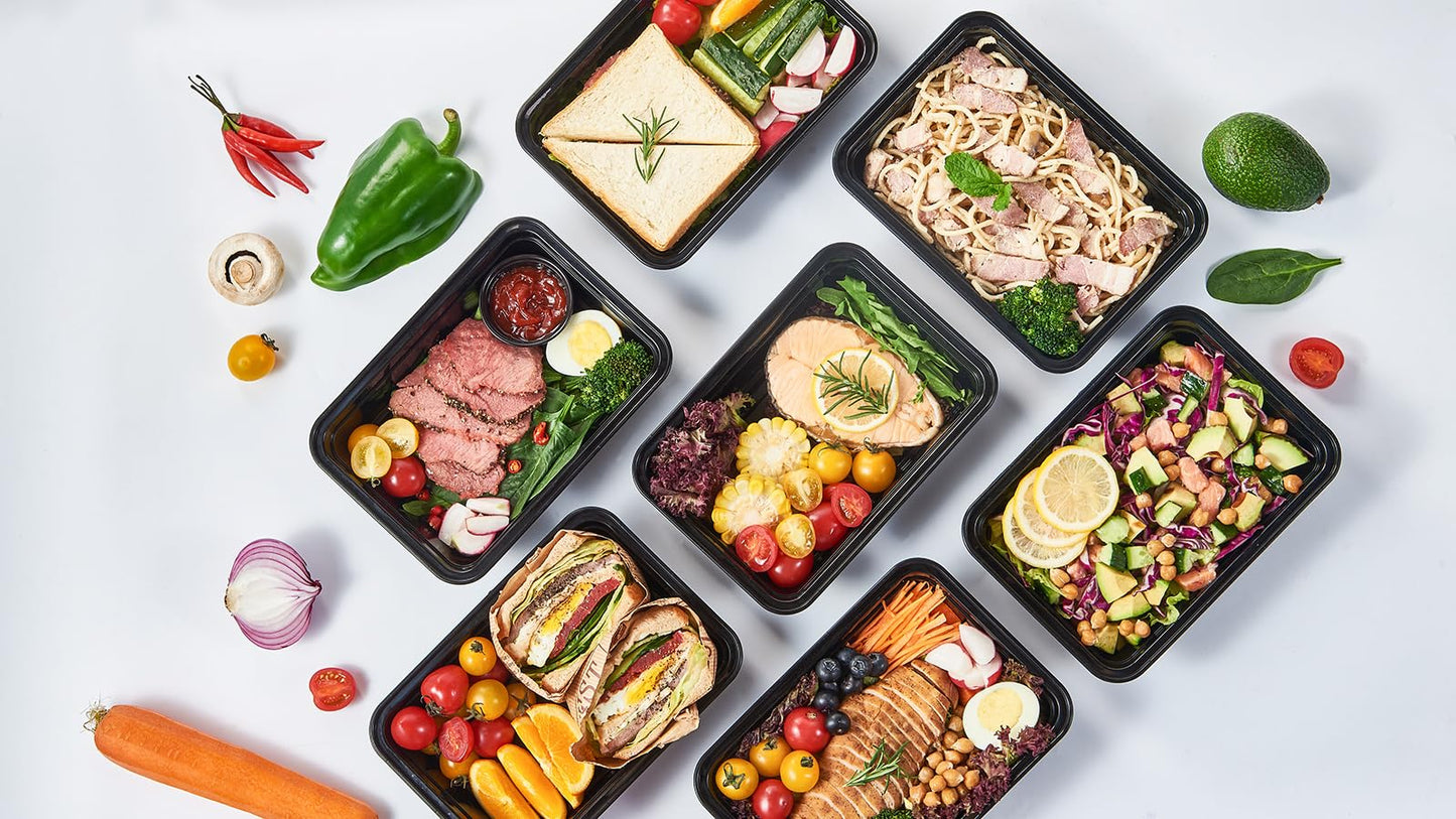 Jaluxing 32 oz 50Pack Plastic Meal Prep Food Storage Containers with Lids Reusable 1 Compartment To Go Lunch Box Black Extra Large &Thick Microwave Freezer Safe BPA Free Stackable (Formerly FULING)