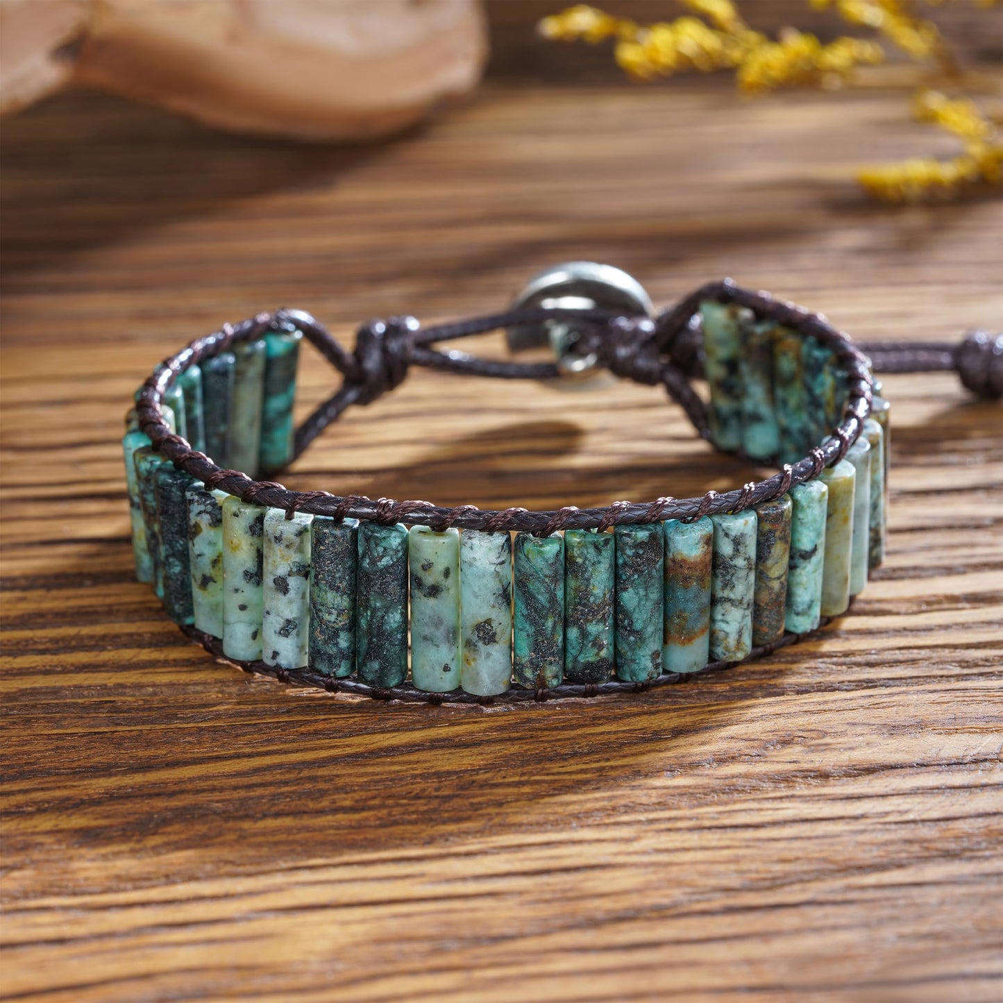 Plumiss Boho Natual African Turquoise Bead Green Version Stone 1 Wrap Bracelet for Men Women