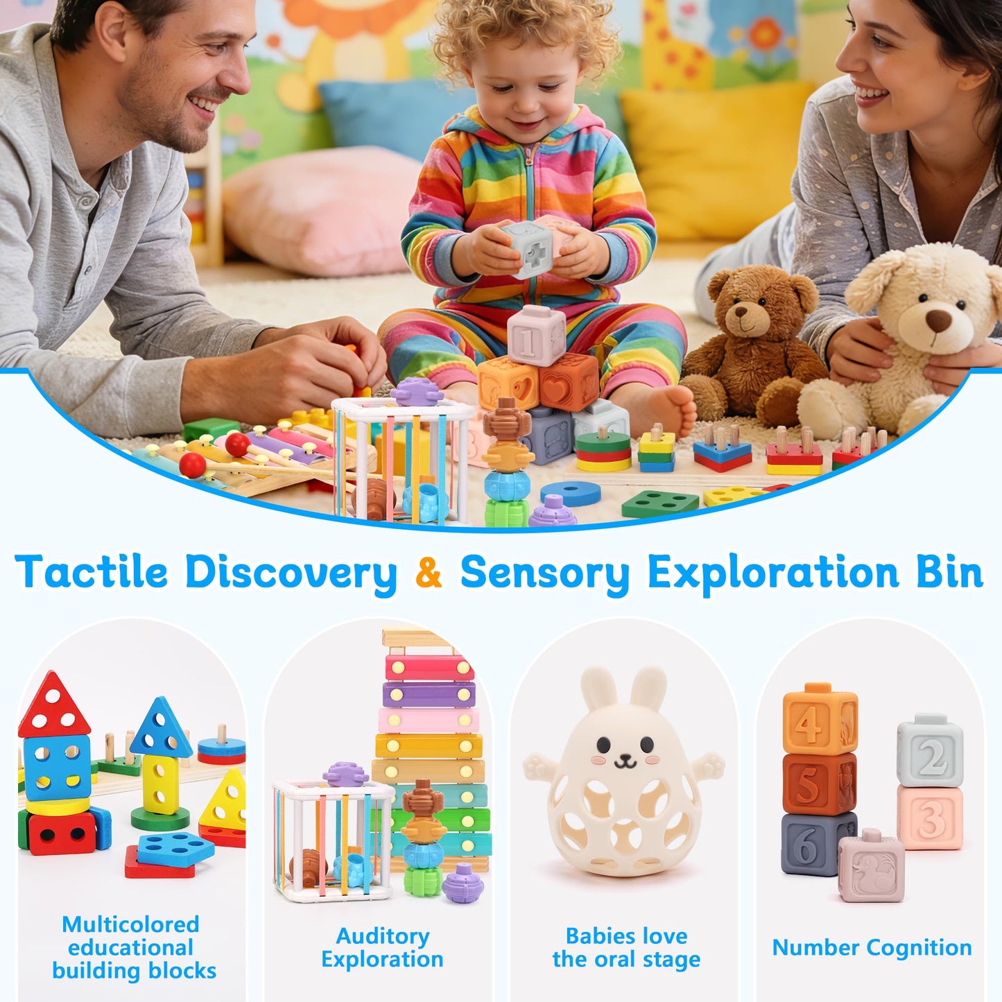 FlufiFiea Baby Toys for 6-18 Months, 5-in-1 Montessori Educational Toy Set with Soft Teething Toy Stacking Blocks Rings Sensory Bin, Sorting Sensory Educational Learning Gift for Toddlers Aged 1-3