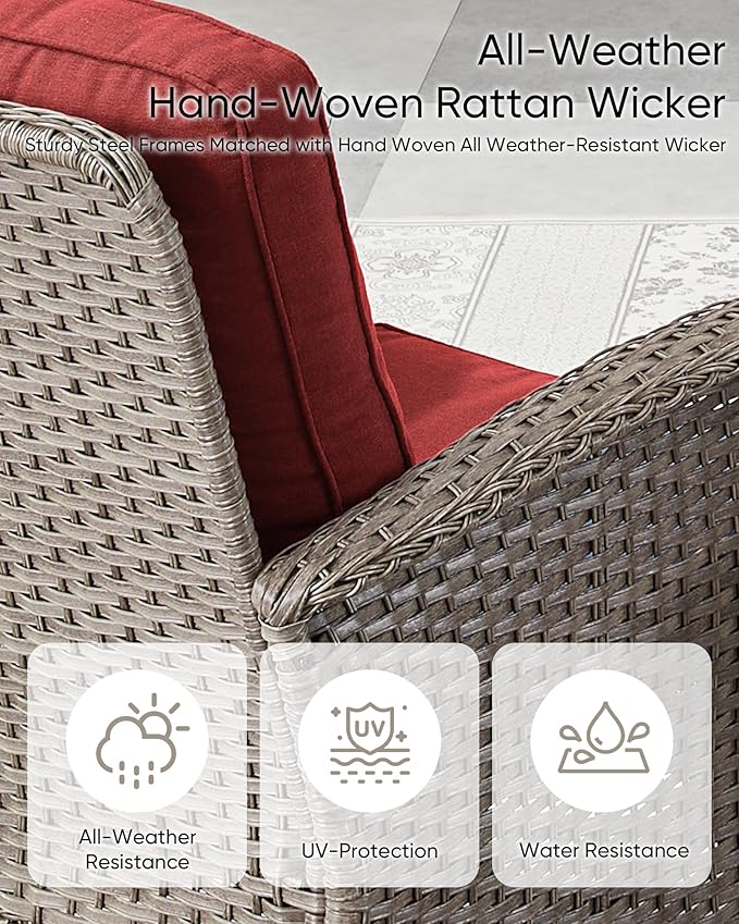 Patio Furniture-All Weather Wicker Patio Conversation Sets with Swivel Patio Chairs High Back Outdoor Couch with Swivel Rocking Chairs Outdoor Furniture for Deck Lawn Porch Balcony Poolside-Grey/Red