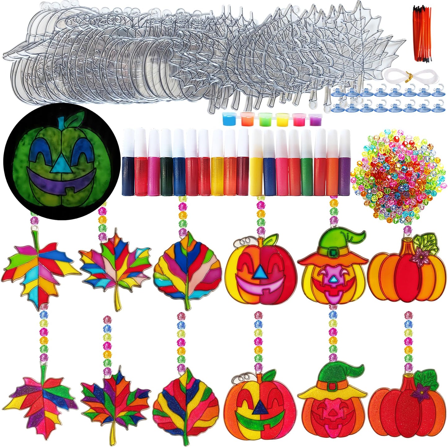 Ayhuhra 30 Sets Fall Leaf Pumpkin Suncatchers Craft Kits DIY Window Suncatchers Fall Pumpkin Arts and Crafts Activities Halloween Sun Catchers for Seniors Autumn Halloween Art Project