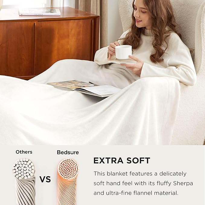 Bedsure Sherpa Fleece Oversized Cal King Blankets for Bed - Thick and Warm, Soft Fuzzy Plush Large Blanket for Winter, White, 112x98 Inches