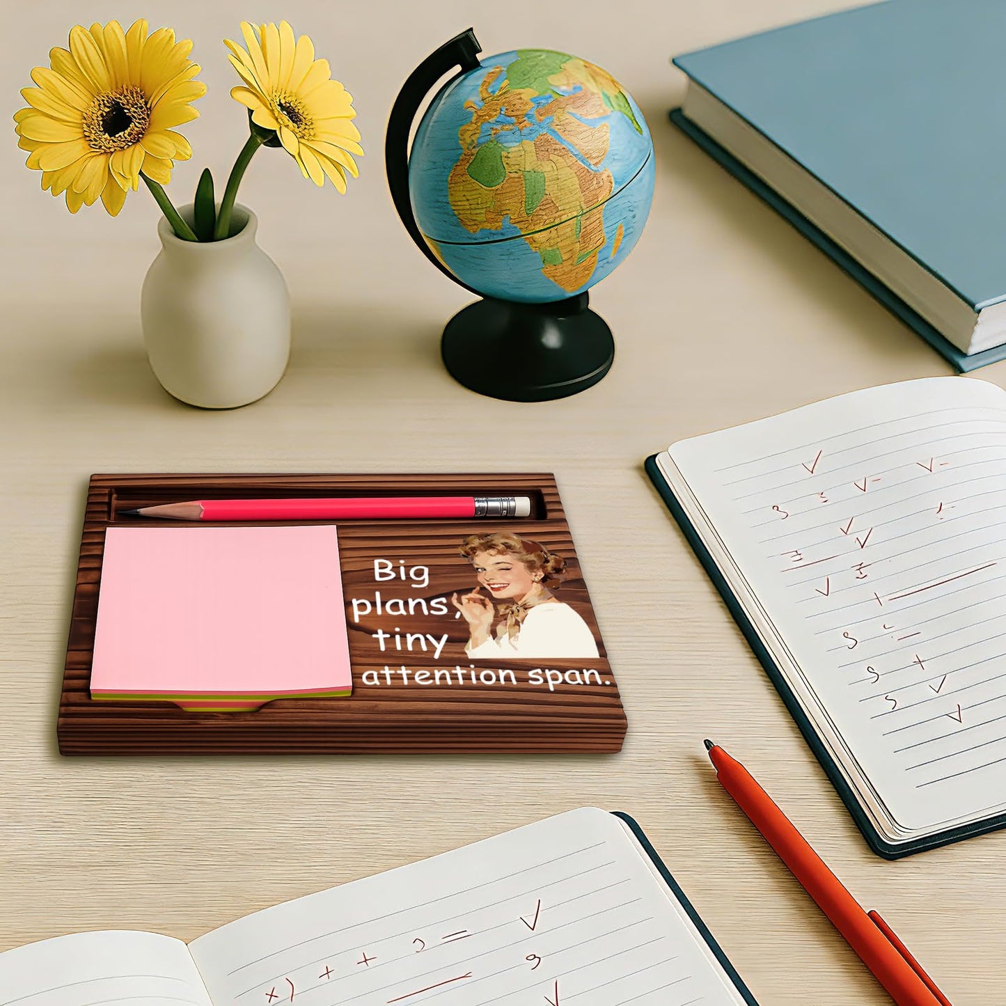 Funny Office Gift for Coworker, Sticky Note Holder Desk Organizer, Big Plans Tiny Attention Span Humor Desk Decor Appreciation Present YCB173