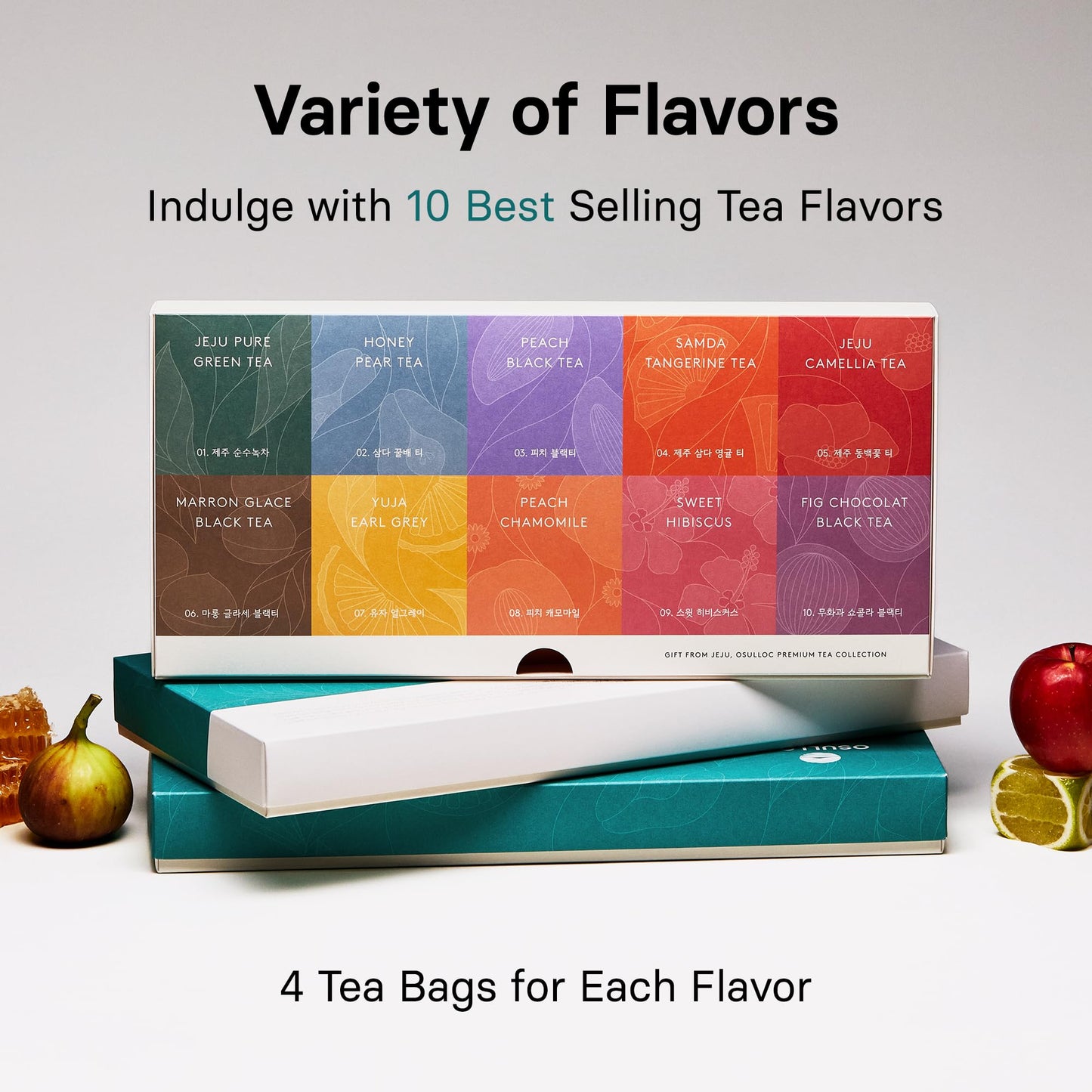 OSULLOC Premium Tea Collection (40 count, 10 flavors x 4 ea), Self Care Sampler Gift Box Variety Pack, Premium Organic Pure & Blended Tea from Jeju