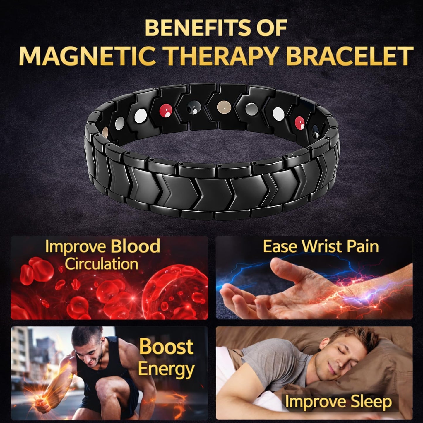 KYOSI Magnetic Bracelets for Men 5 Elements, Wide Stainless Steel Bracelet Link Adjustable, Magnet Bracelet Mens Gift (Black)
