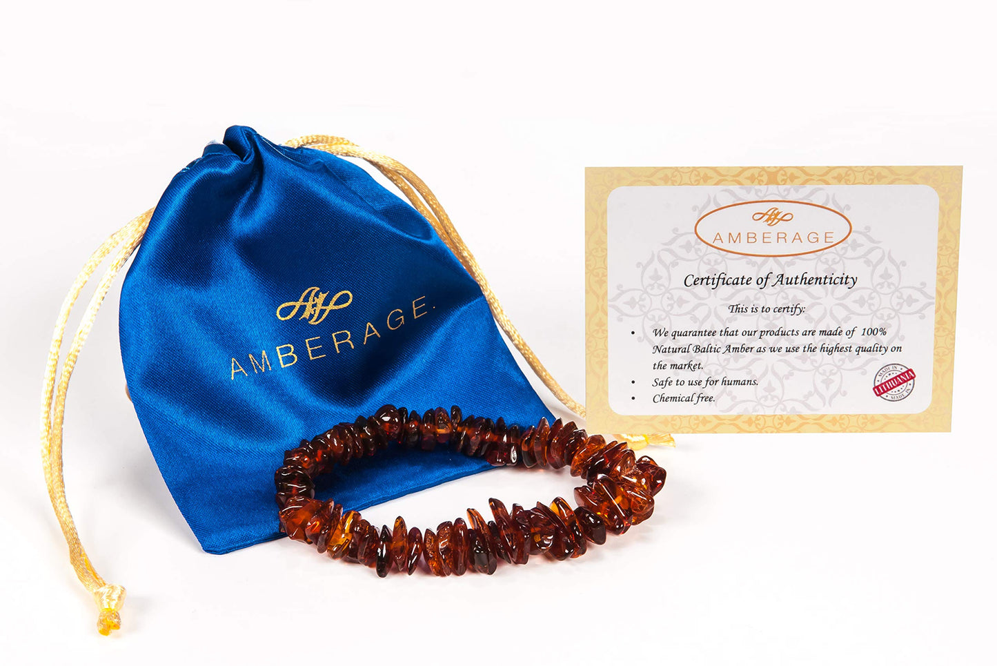 AMBERAGE Natural Baltic Amber Bracelet for Adults (Women/Men) - Hand made From Polished/Certified Baltic Amber Beads(4 Colors) (COGNAC)