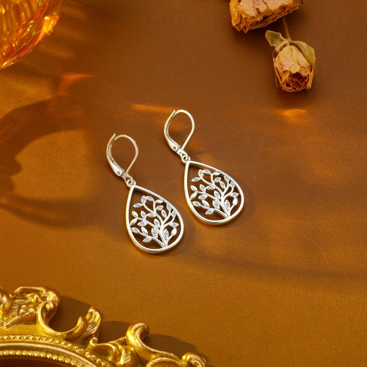 Sterling Silver dangle Earrings for Women Trendy Filigree Teardrop Earrings Lever back Hook Dangle Drop Earring for Gifts (Grass-S)